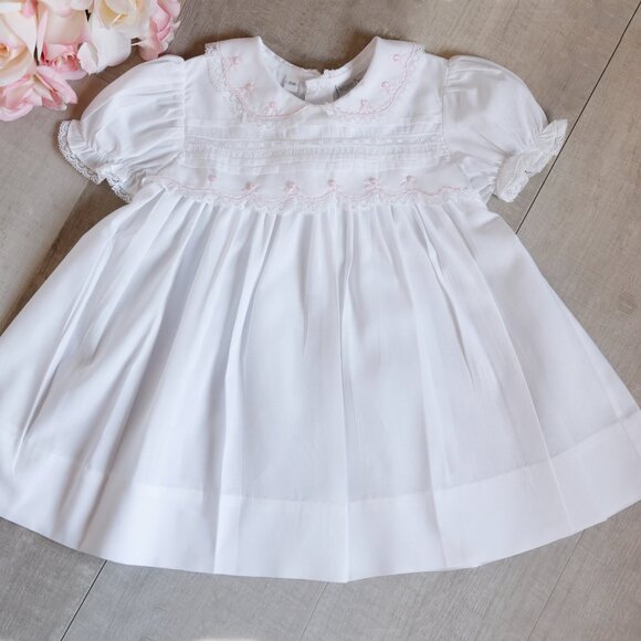 White Dress Feltman Brothers Friedknit Pink Embroidery Special Diaper Cover NWOT - Picture 2 of 9